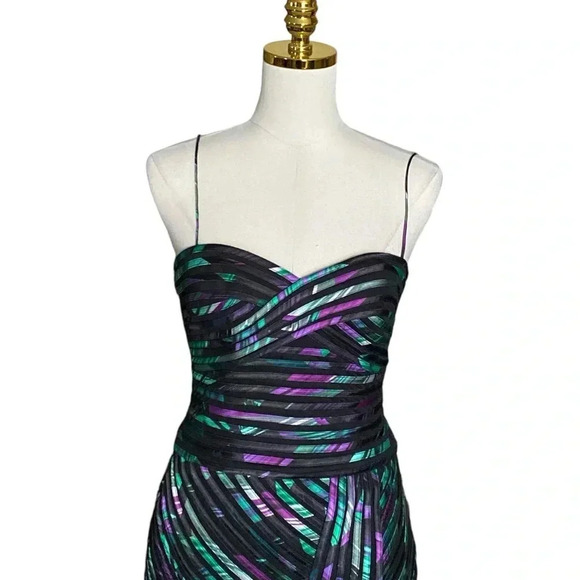 CACHE | Multicolor Sweetheart Spaghetti Strap Mesh Overlay Mini Dress Size 2 - Picture 6 of 12